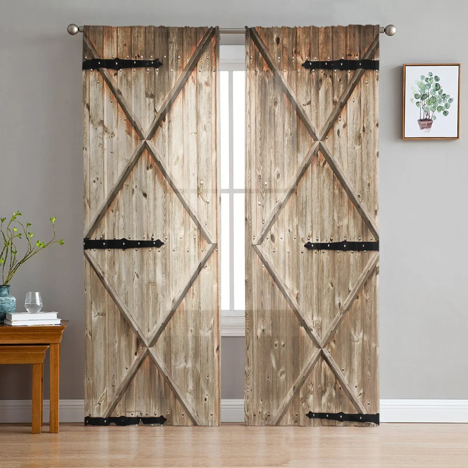 Barn Wooden Door Farm Tulle Curtains for Living Room Print Sheer Voile Curtain Bedroom Window Screening Drapes Blinds Home Decor