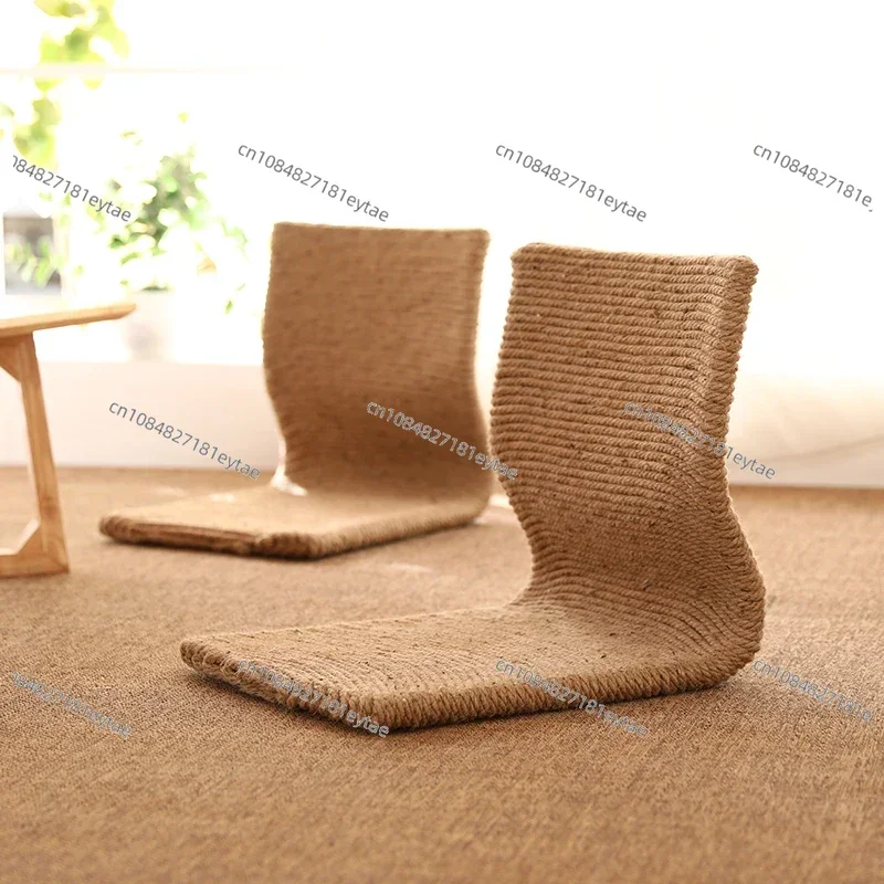 Handmade Japanese Style Floor Chair Handcrafted Eco-Friendly Padded Knitted Hemp Chair with Backrest Meditation Zaisu Chair