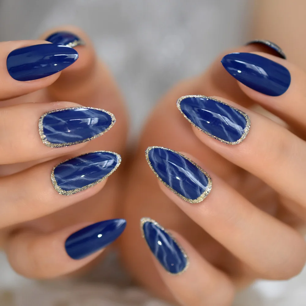 Unhas falsas stiletto de mármore azul brilhante, glitter prateado, pré-projetos, médio, manicure artificial, pontas de unhas decorativas para mulheres