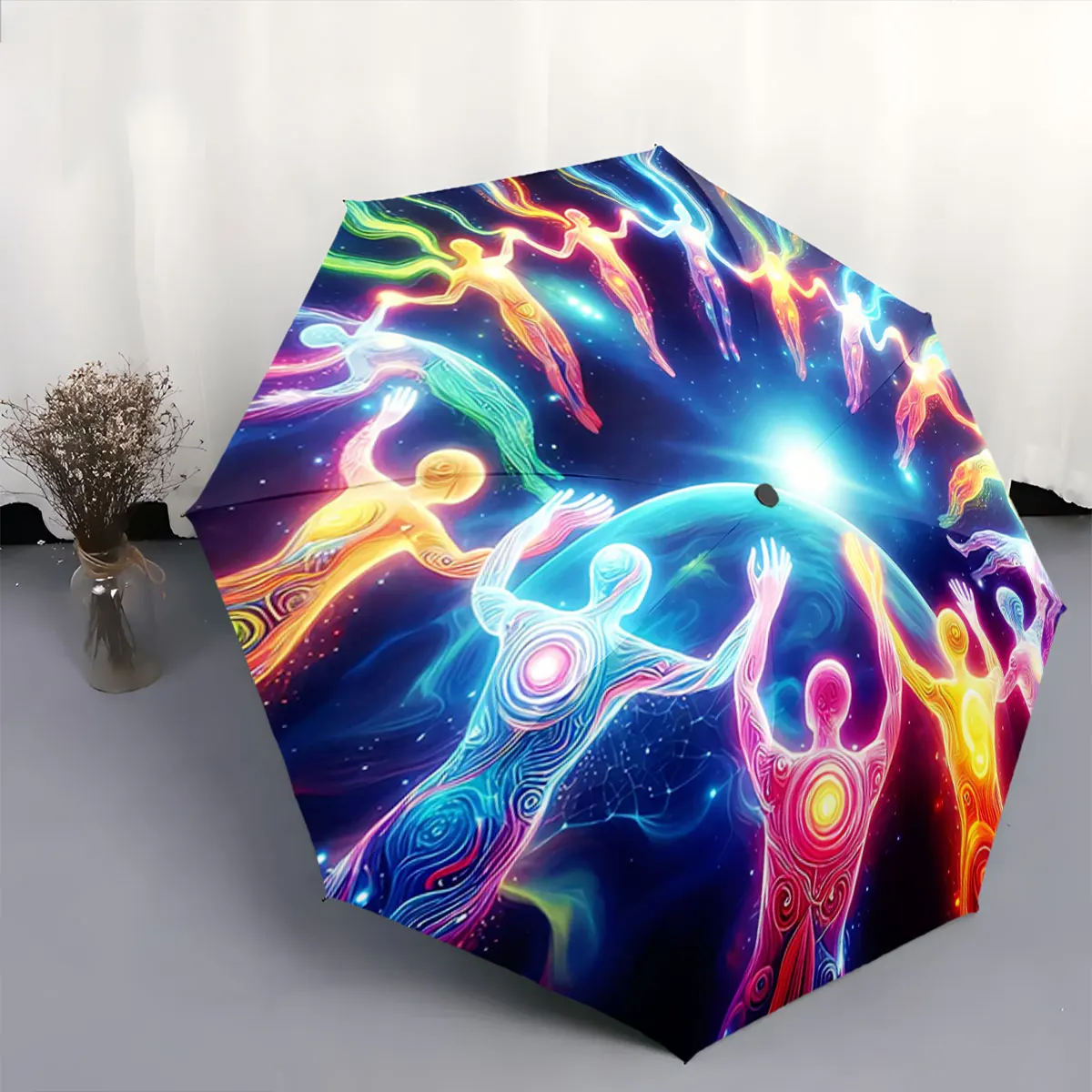 Cosmic Glow Human Figures with Planet Artwork portable waterproof sun rain umbrella for outdoor travel beach