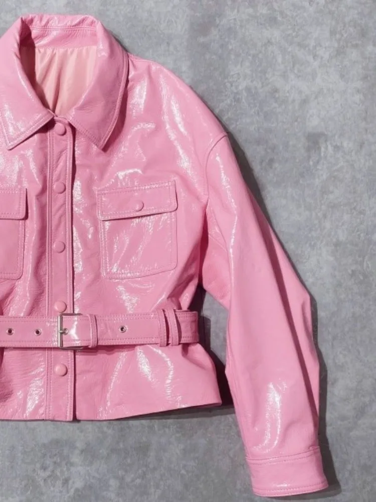 패션 여성 느슨한 양피 새시 싱글 브레스트 긴 소매 옷깃 솔리드 컬러 최고 품질 정품 가죽 짧은 재킷