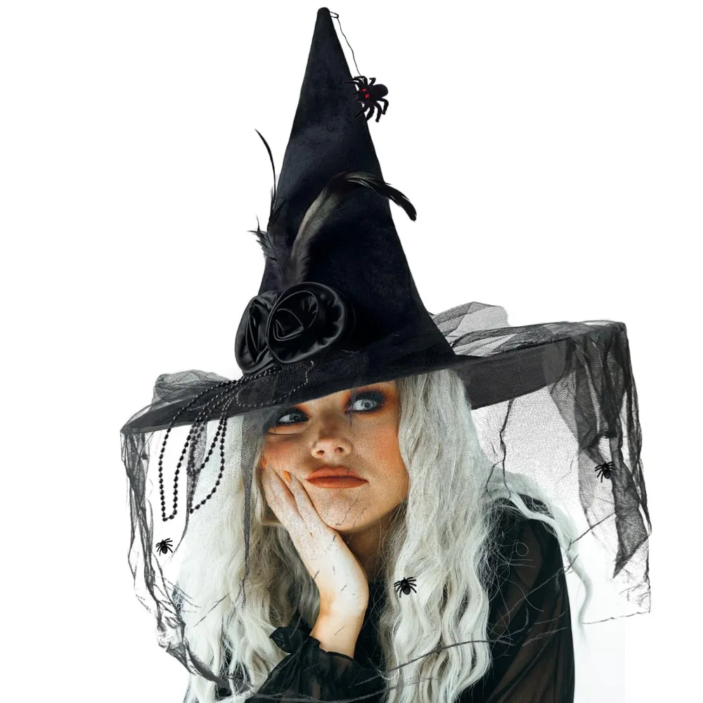 

Black Spider Halloween Witch Hat With Black Veil Flower Feather Comfort Witch Costume Accessories Knit Halloween Headgear