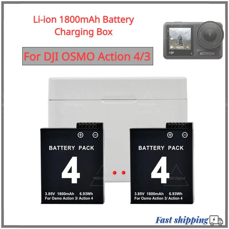 For Dji Action 4 1800mAh Rechargeable Li-ion Battery , Dual Slot Battery Charger Storage Box For DJI Action 4/3 Camera Accessory