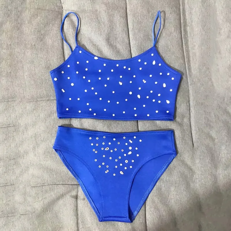 Women's Sexy Jazz Dance Team Costume Blue Crystal Tailcoat Split 3-Piece Set Stage Performance Outfit Nightclub Stage Wear