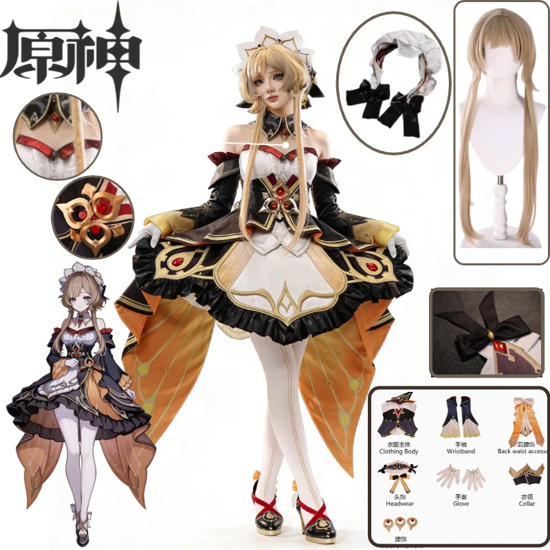 

Sandrone Cosplay Costume Genshin Impact Sandrone Cute Brown Maid Outfit Lolita Dress with Headdress Waist Ornament Wig Set