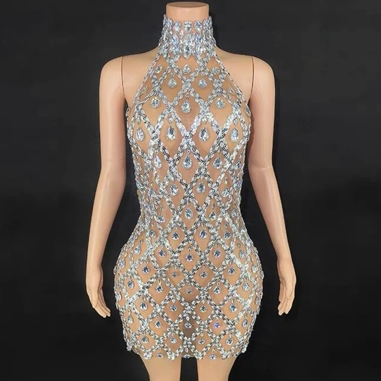 

High Quality Sparkling Rhinestones Sliver Color Sexy Backless Halter Bodycon Mini Dress Birthday Celebrate Evening Party Dress