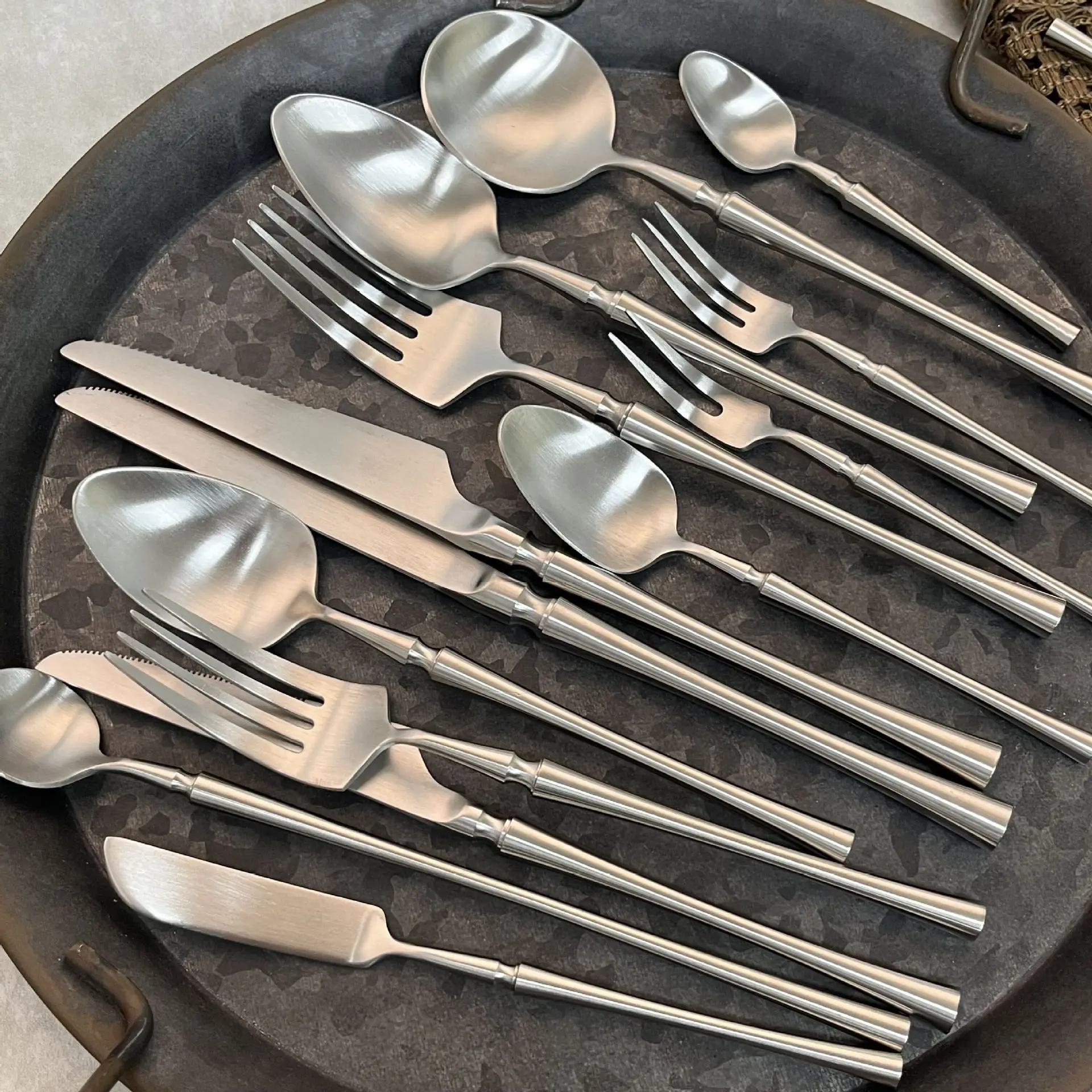 الفضة ماتي 304 الفولاذ المقاوم للصدأ مجموعة أدوات المائدة سليم كاملة سكين ملعقة شوكة مجموعات المنزلية عشاء الإفطار الجدول الملحقات #5