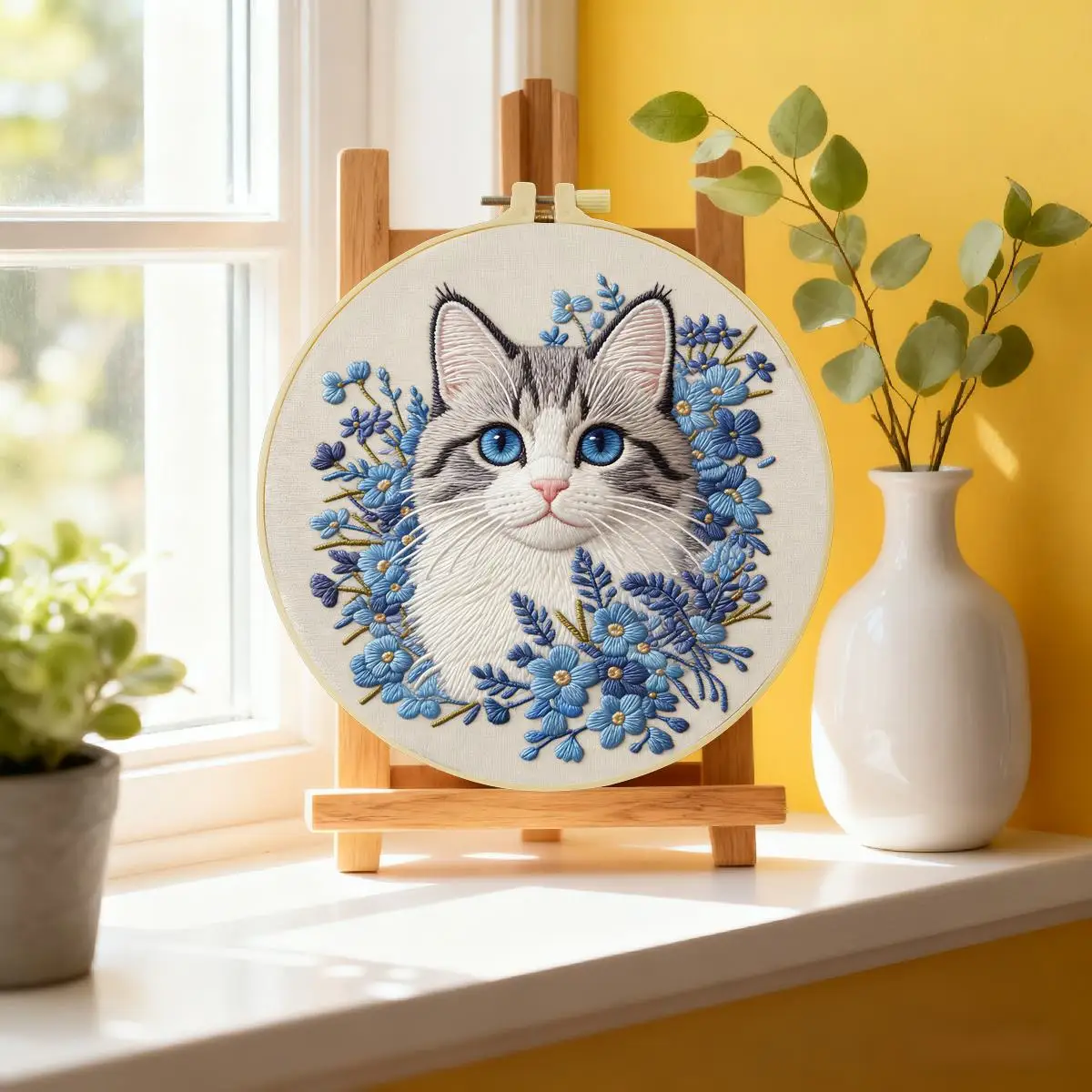 1 Stück 20X20CM/15X15CM 7,87/6,3 Zoll Die Katze im Blumenbeet Stickerei-Starter-Kit DIY-Kit DIY-Stickerei-Set Handarbeiten – Detail 3