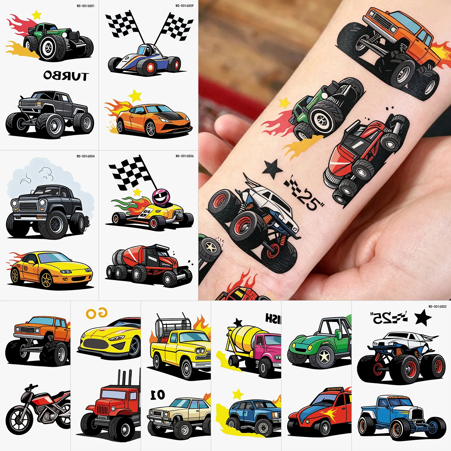 10Pcs Mixed Car Temporary Tattoos Sticker Truck Motorcycle Racing Car Fake Tattoos for Boy Party Favors Body Hand Fashion Decora