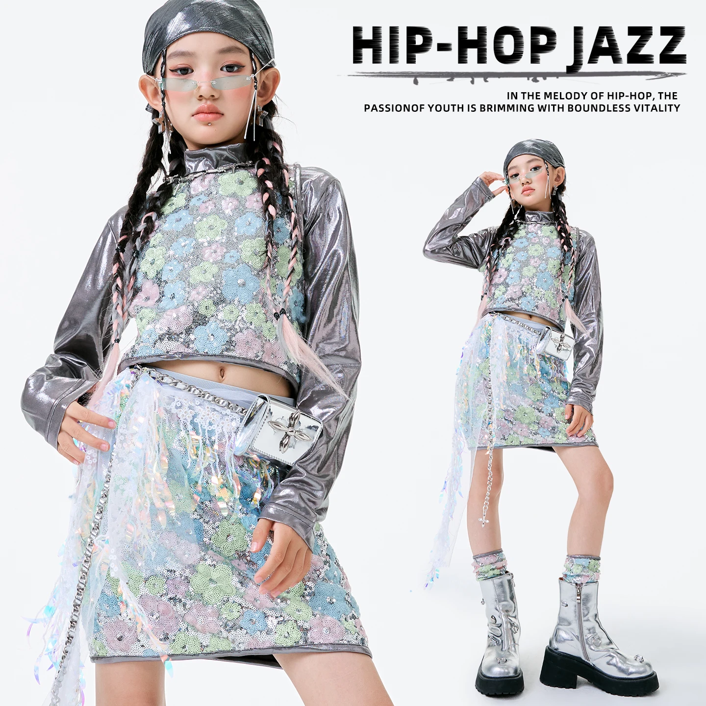 

2025 Sequin Kpop Outfits For Girls Group Jazz Dance Performance Stage Costumes For Kids Modern Hip Hop Dance Clothing DQS21621