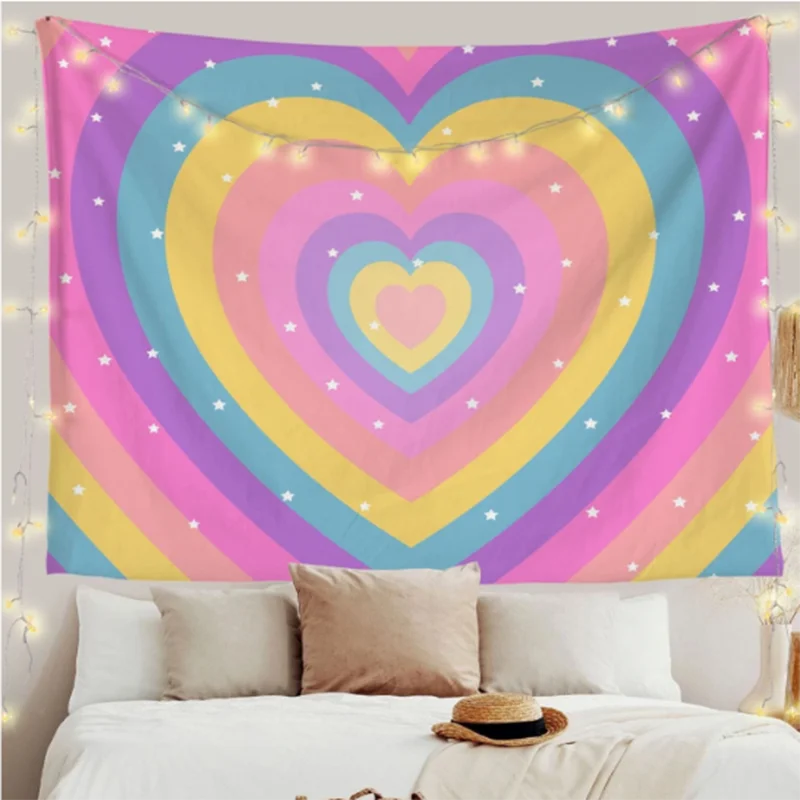 Heart Star Print Tapestry Couple Dormitory Pink Aesthetic Style Wall Hanging Romantic Love Shape Tapestries Bedroom Wall Blanket