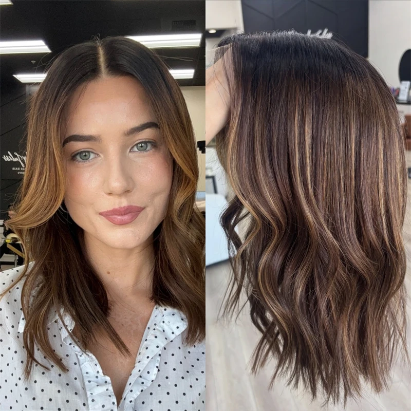 

13x4 Ombre Brown with Blonde Streaks Synthetic Lace Front Wig Party Coplay Daily Wig Preplucked Hairline Glueless Short Wave Bob