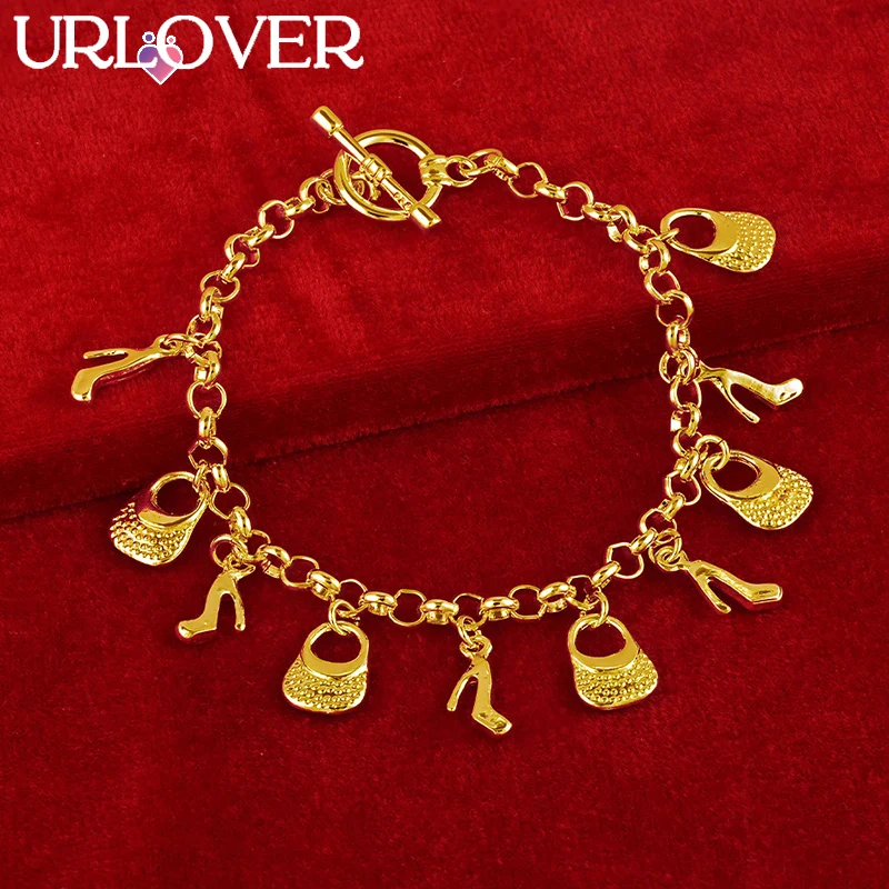 

URLOVER 24K Gold Bracelet Bag High Heels Pendant Bracelets For Woman Fashion Party Wedding Engagement Christmas Charm Jewelry