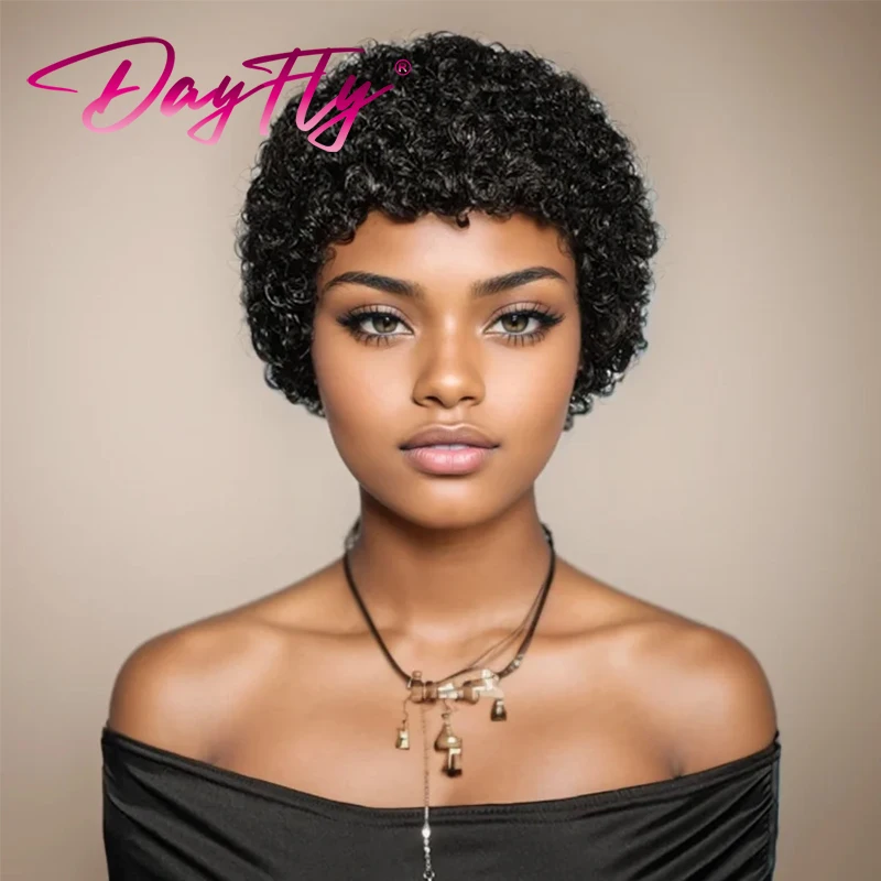 Short Afro Kinky Curly Hair Wigs For Black Women Human Hair African Fluffy Wig With Bangs Brazilian Pixie Cut Hair Wig Glueless