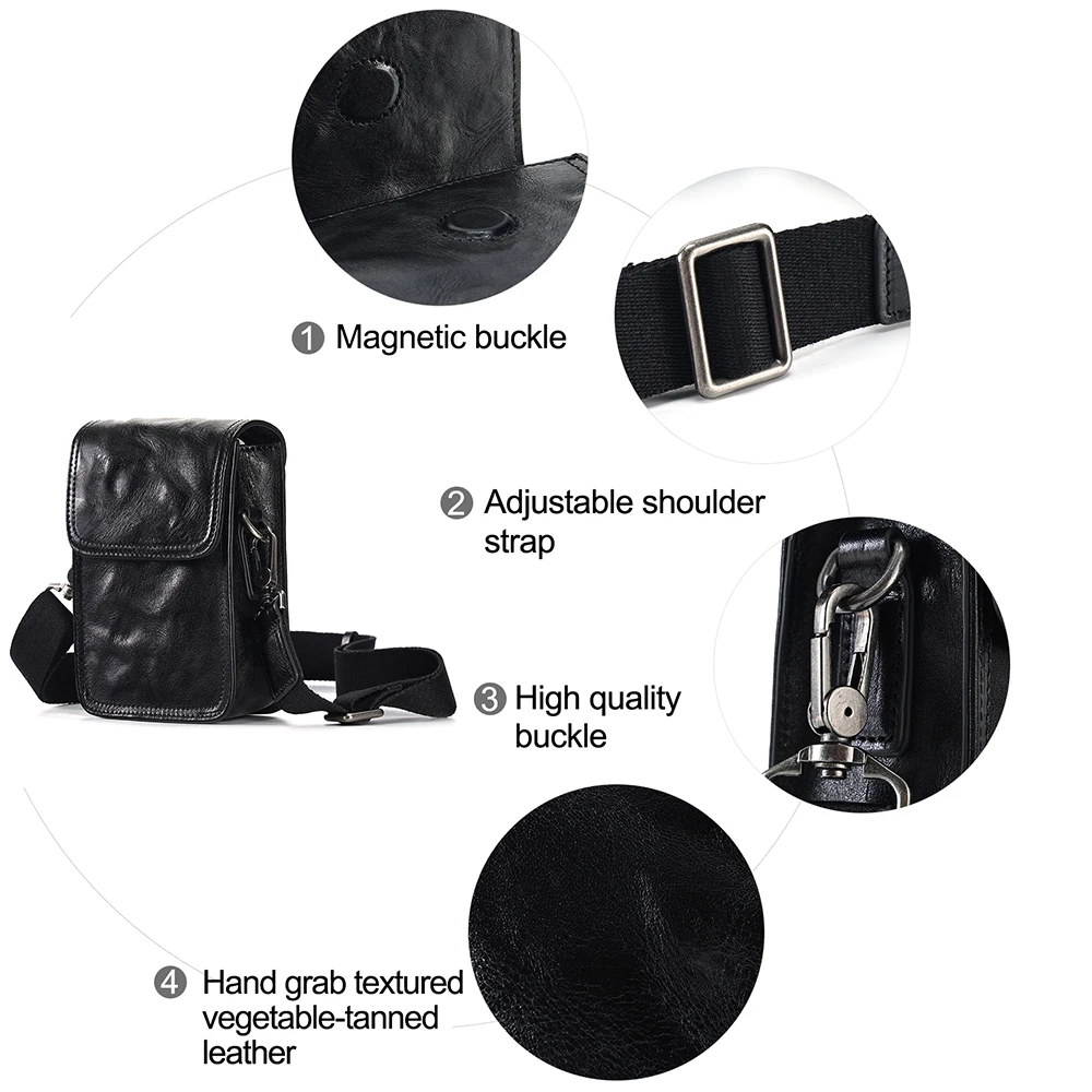 Riñonera de cuero genuino negro, bolso para teléfono móvil para hombre, cinturón para deportes al aire libre, Bolso pequeño de un hombro, bolsos cruzados de moda