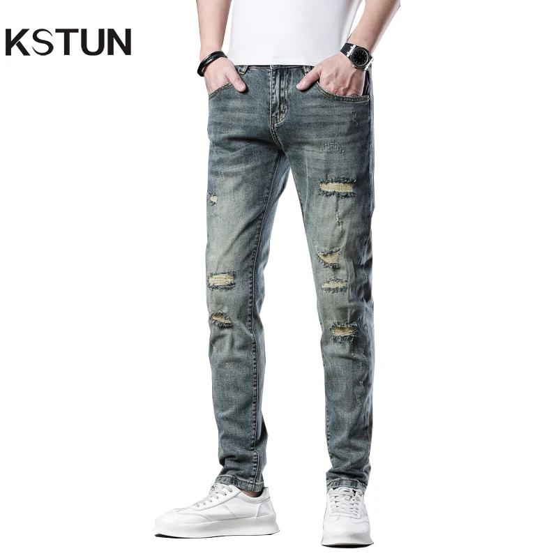 

Stretch Jeans For Men Hip Hop Mens Jeans Pants Skinny Vintage Distressed Ripped Jeans Male Frayed Patched Full Length Trousers