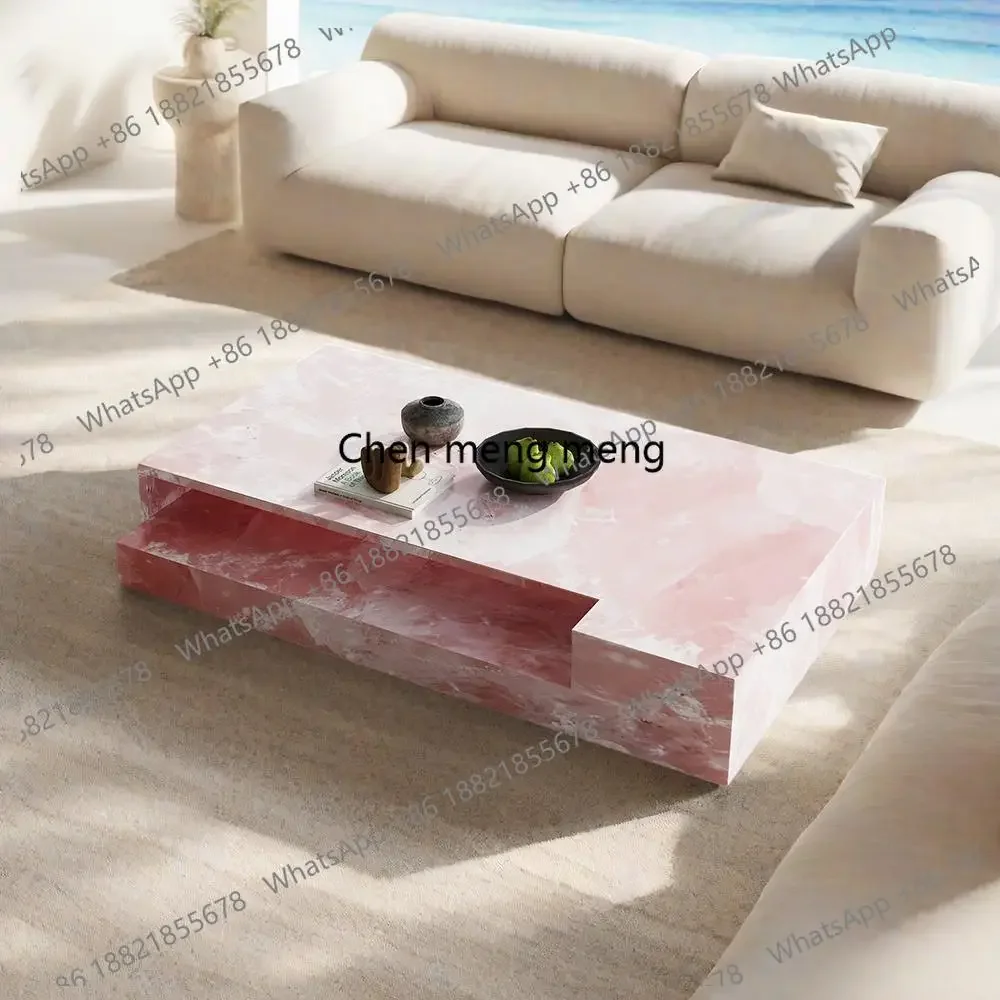 C85 "Pink Jade Marble Coffee Table - Luxury Slate Stone Rectangular Designer Tea Table Custom Living Room Centerpiece"