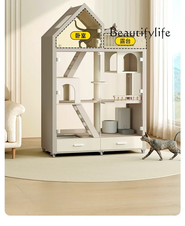 

Luxury Cat Villa Panoramic Glass Cat Cabinet Solid Wood Cage Integrated Indoor Cat House