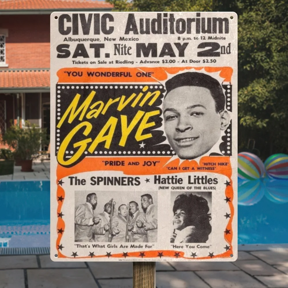 علامة قصدير معدنية كلاسيكية على الطراز الهزلي Marvin Gaye CIVIC Auditorium S A T. نيت مايو 2 دي لعطلة المنزل، مقهى 30 × 40 سم