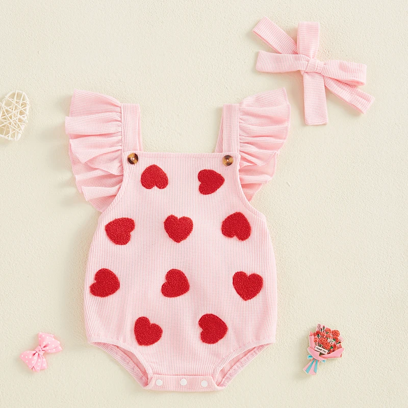 FOCUSNORM 0-18M Valentines Days Baby Girls Romper Outfit Fly Sleeve Heart Embroidery Jumpsuits with Hairband