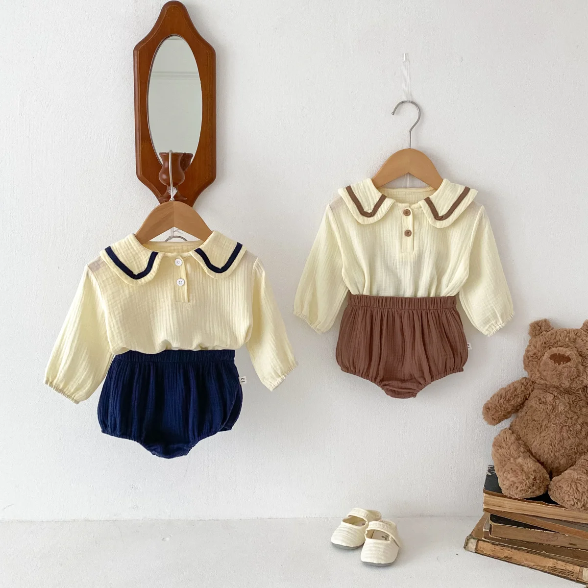 Newborn Baby Girls Boys Autumn Full Sleeve Navy Collar Top Tees Solid Bread Bottoms Infant Kids Pure Cotton Clothing Set 2pcs