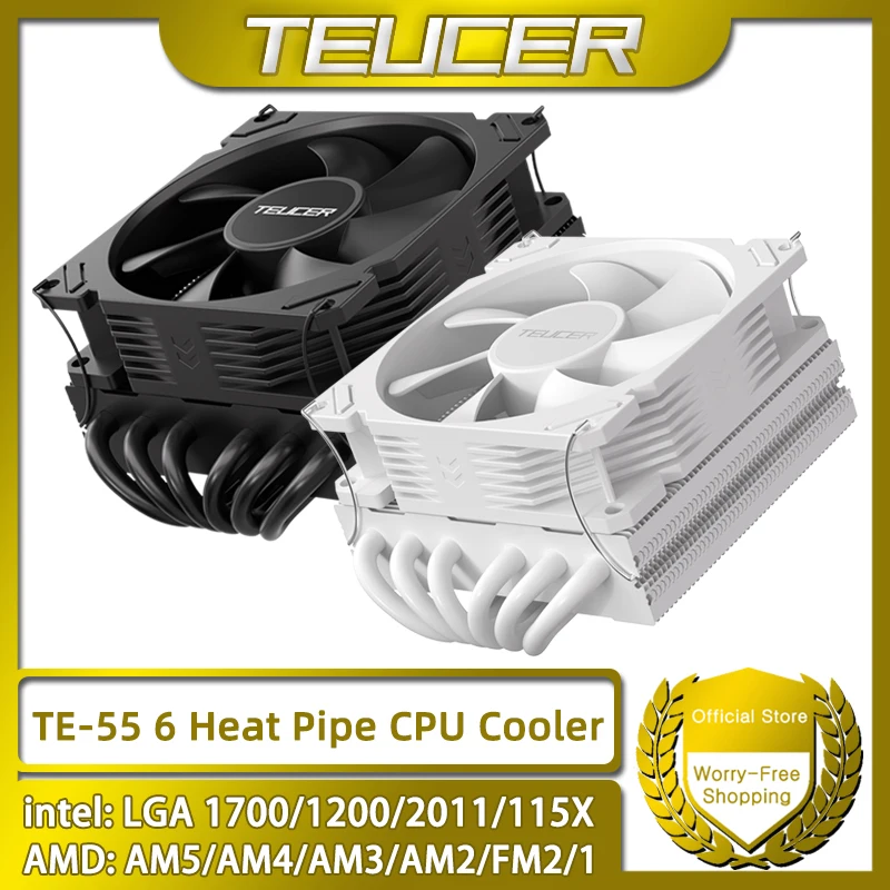 TEUCER TE-55 로우 프로파일 CPU 쿨러 6개의 히트 파이프 공기 냉각기, 15mm 두께 슬림 팬 LGA1700/1200/115X/2011/AM5/AM4