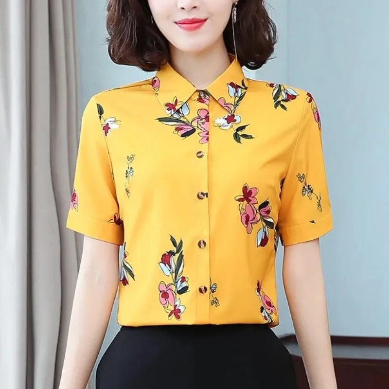 Summer Turn-down Collar Button Flower Printing Cardigan Women's Clothing Shirt Short Sleeve Coats Casual Fashion Ornate Tops