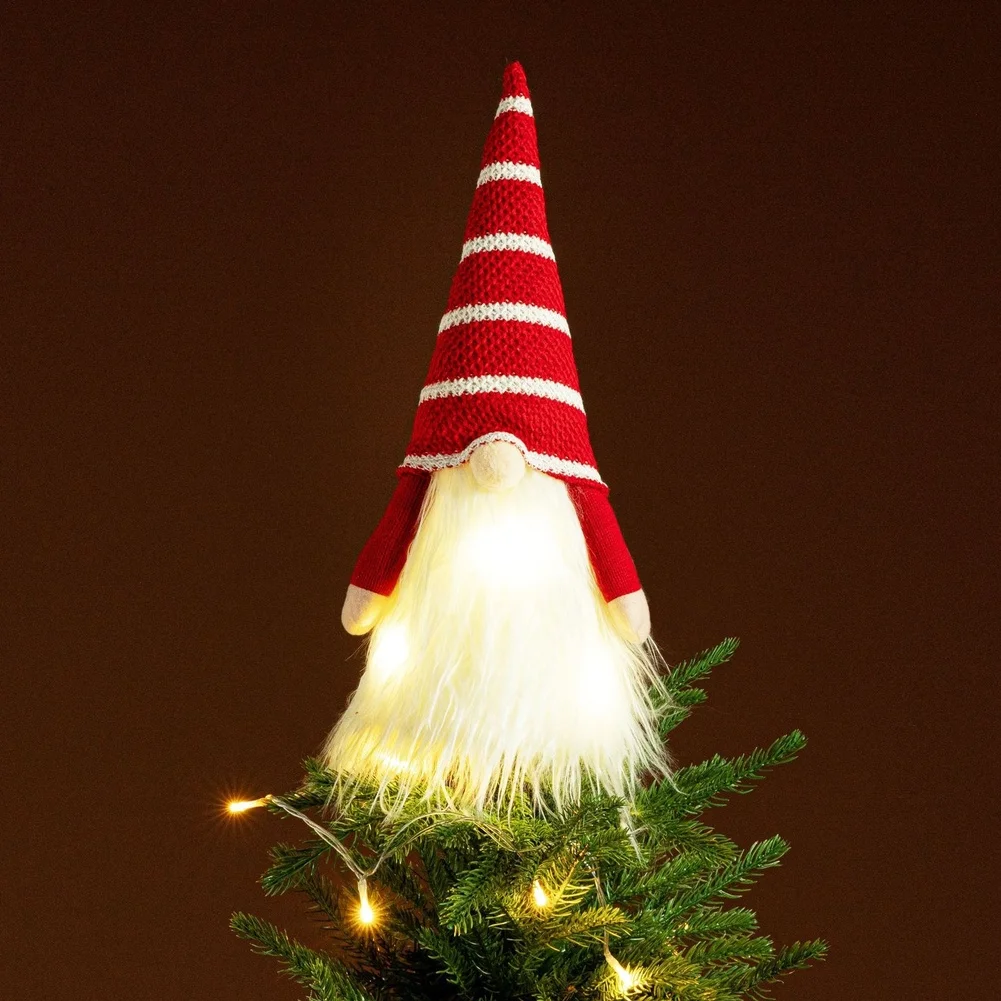 For LED Lighted Christmas Gnome Tree 17 Inch Red White Knit Hat Plush Beard Glowing Ornament For Holiday Home Party Decor
