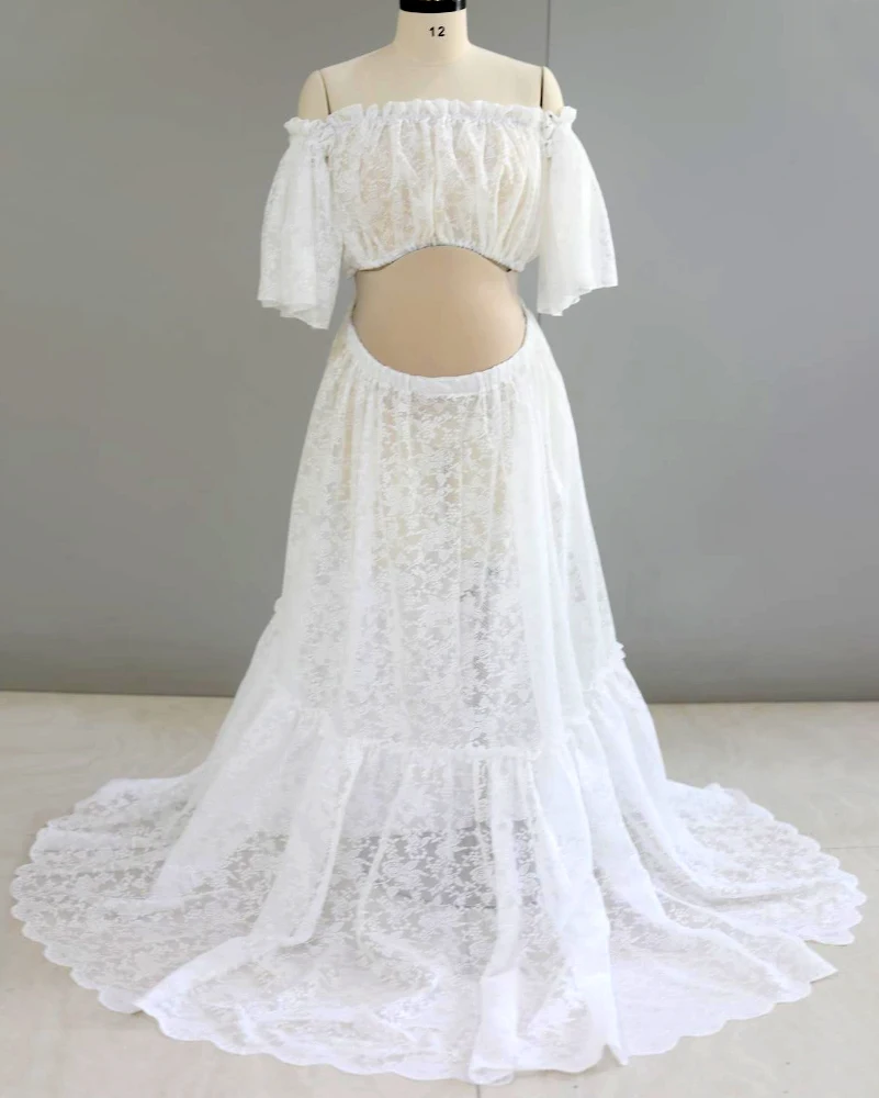 Maternity Gown For Photo Shoot elegant Two Piece White Lace Bohemian Maternity Dresses Pregnancy Sessions Baby Showers Dress