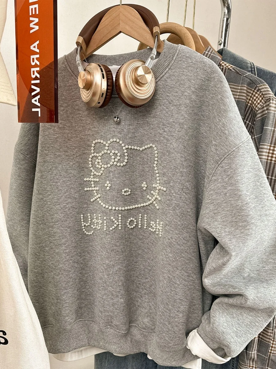 

Милый мультяшный свитшот с вышивкой и флисовой подкладкой, свободного кроя, утепленный, с круглым вырезом, женский, осенне-зимний, повседневный топ