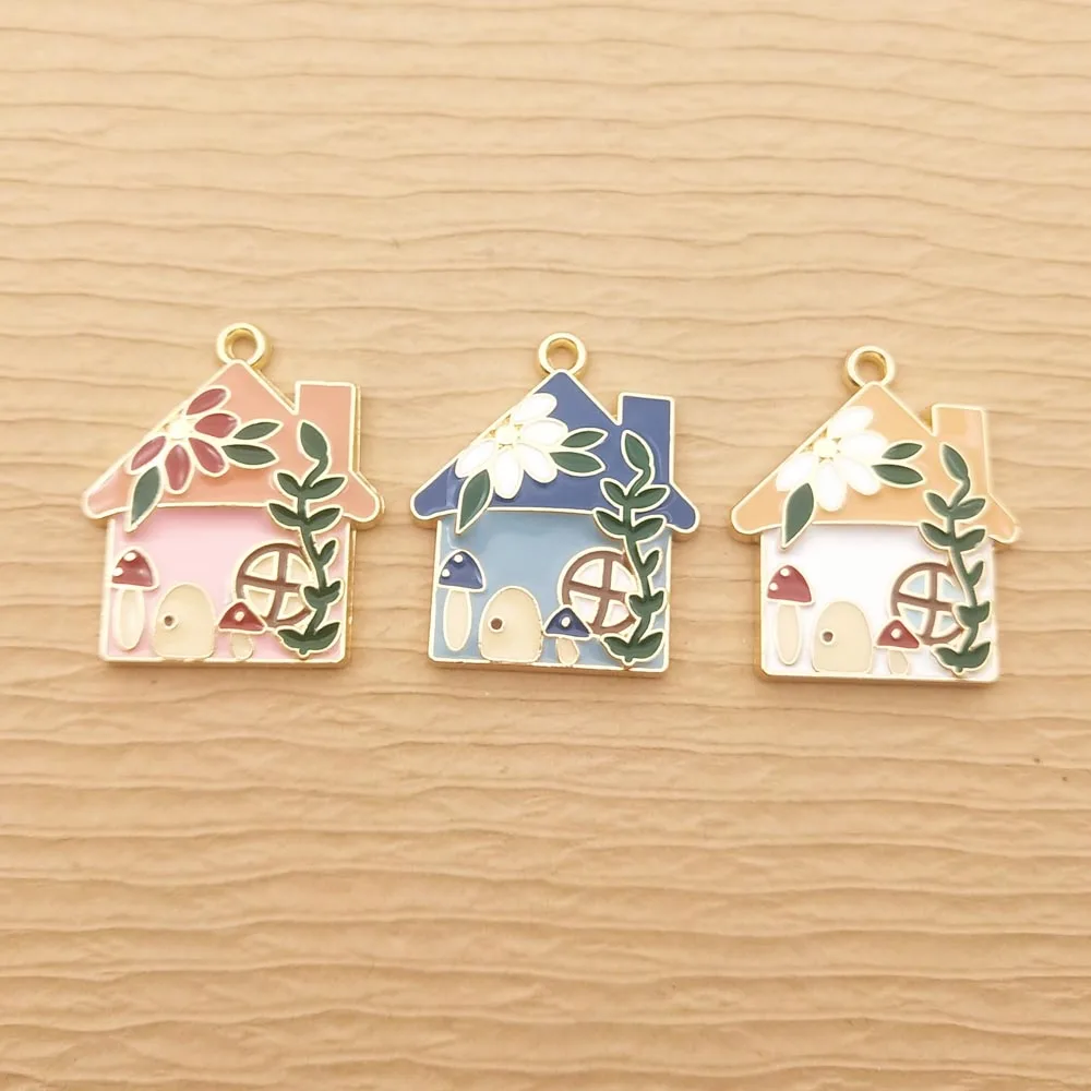 10pcs House Charm for Jewelry Making Enamel Earring Pendant Necklace Bracelet Accessories Diy Craft Supplies Gold Plated