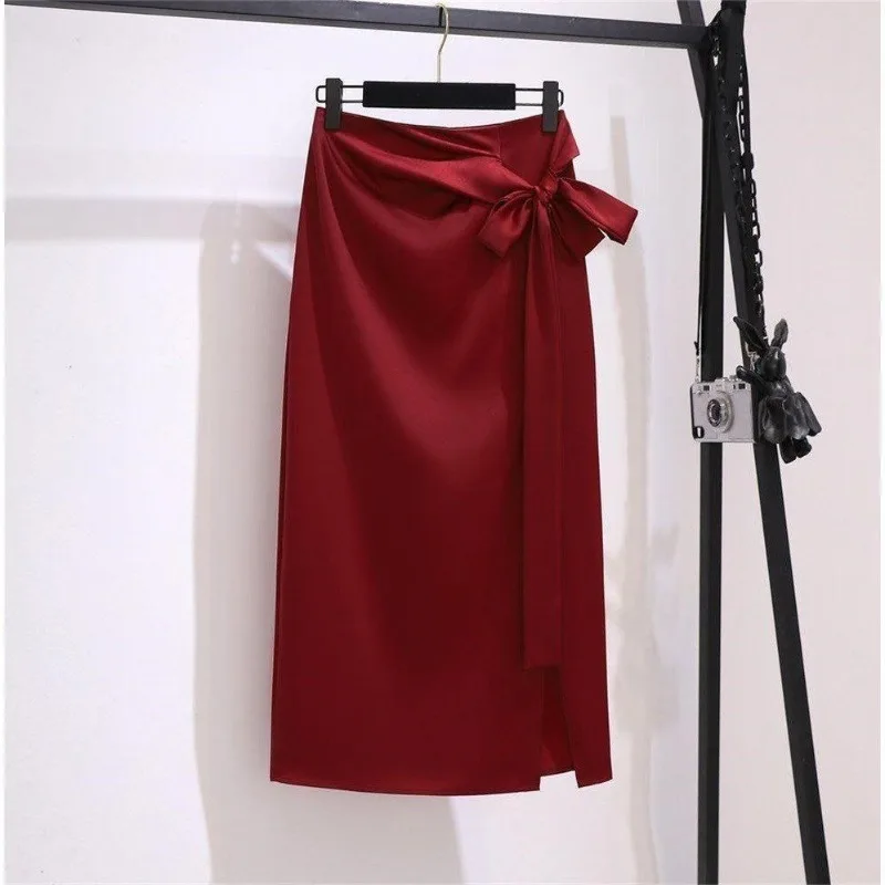 

2024 Temperament Elegant New Spring and Summer Solid Color Satin Belt Women's Fashion Versatile Mid Length Split Hip Wrap Skirt