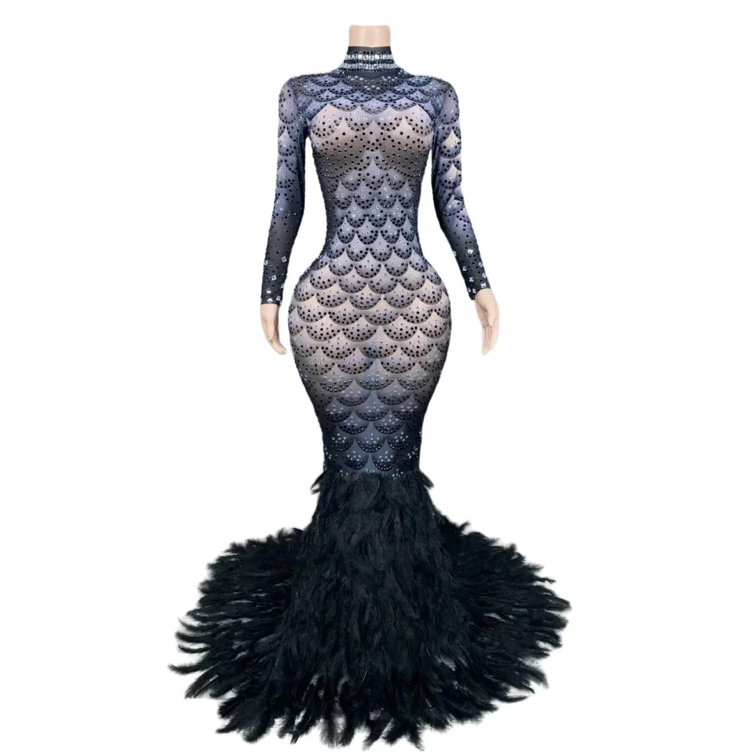 Black Feather Bling Bling Rhinestone Birthday Queen Dress For Women Long Sleeve Fishscale Pattern Fashion Drag Queen Outfit