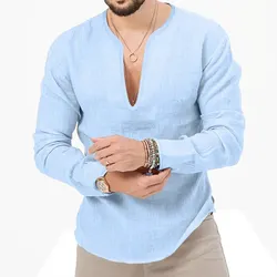 Men's Shirt Top V Neck Breathable Beach Shirt Long Sleeves Closure Regular Fit Solid Color Male Casual Shirt For Daily Vacation