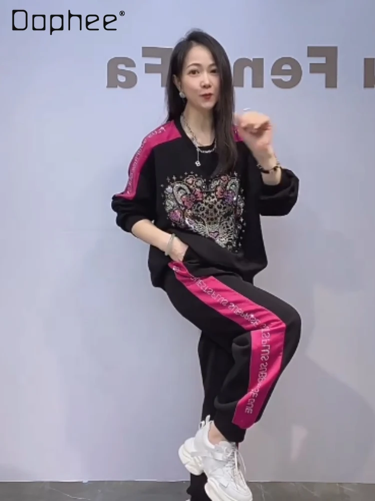 

Fashion Pant Sets Cartoon Rhinestone Long Sleeve Round Neck Top Elastic Waist Long Pants Tracksuit Two-Piece Sets Women Outfits