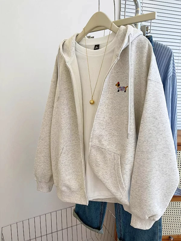 

plus Size Hoodie Sweatshirt Women's Autumn Winter Loose Casual Fleece Zipper Cardigan Coat American Sausage Dog Print