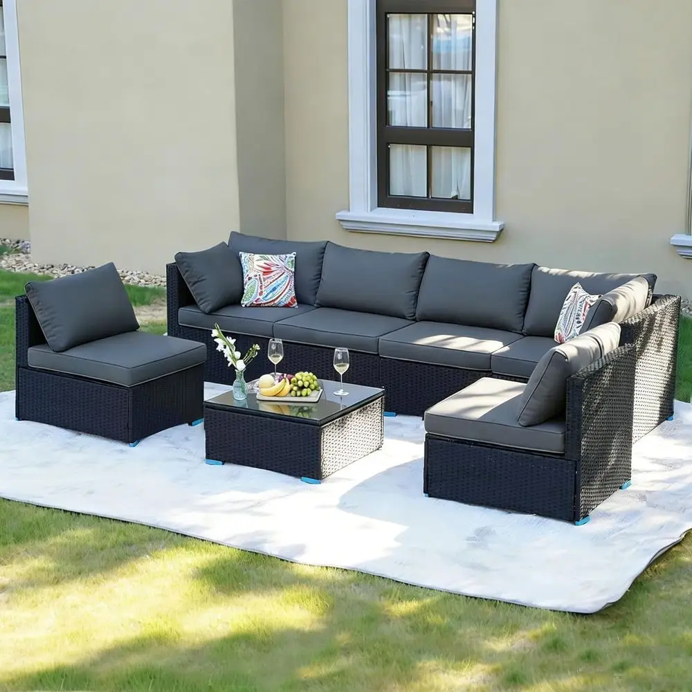 

7-местный всепогодный комплект уличной мебели из черного ротанга PE с кофейным столиком из стекла для заднего двора