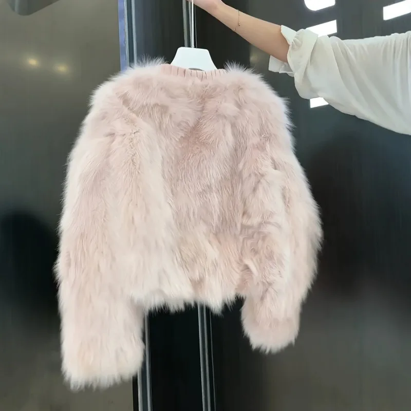 Winter Pink Eco-Friendly Fox Hair Coat Women's Short Styles Fringed Edge Design Retro Round Neck Bowknot Spliced Tops Women Coat
