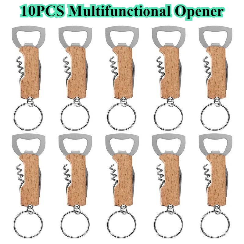 

10Pcs Beer Bottle Opener Keyring Keychain Stainless Steel Multifunctional Wooden Handle Corkscrew Wine Opener Bar Party Accessor