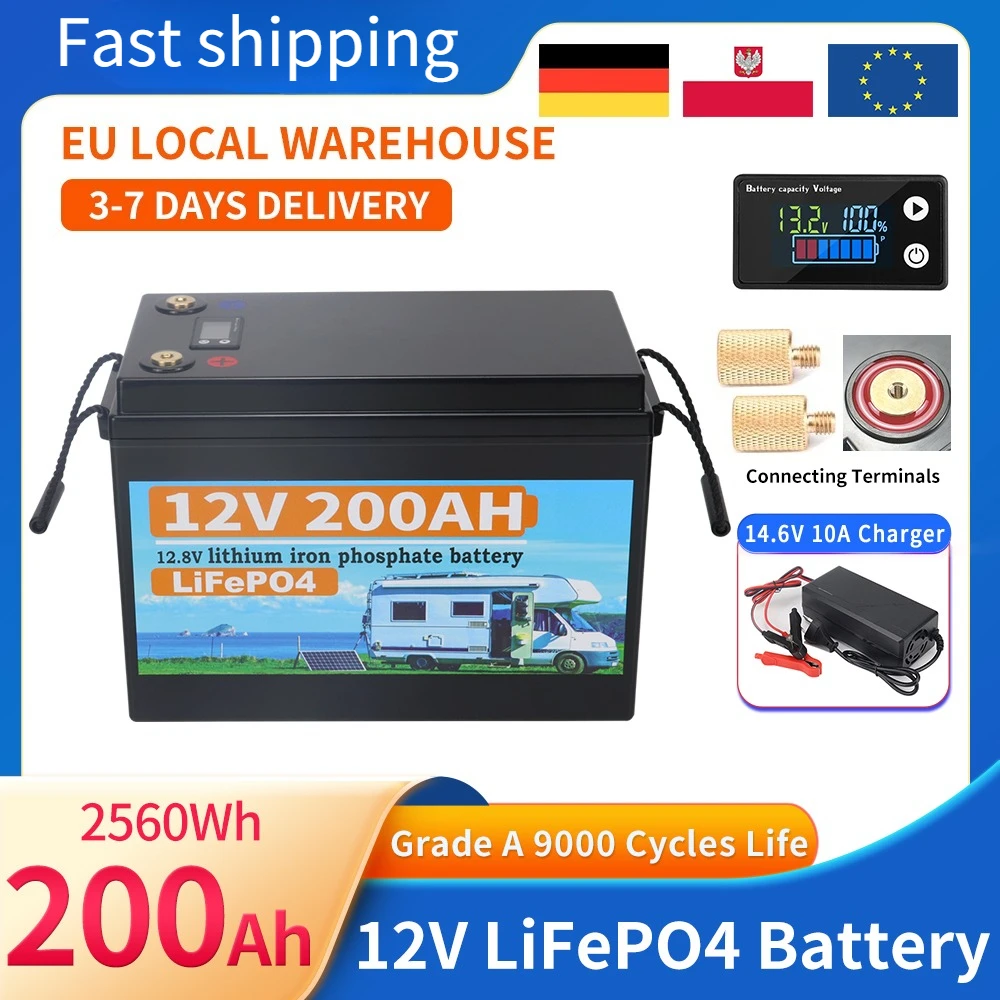 Batteria ricaricabile al litio ferro fosfato 12V 200Ah LiFePO4 BMS integrato per carrello da golf da campeggio esterno Accumulo solare + caricabatterie