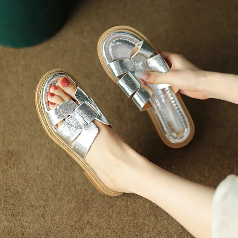 JOZHAMTA Size 34-40 Women Slides Sandals Genuine Leather Summer Low Heels Shoes Woman Home House Slippers Outdoor Casual Shoes