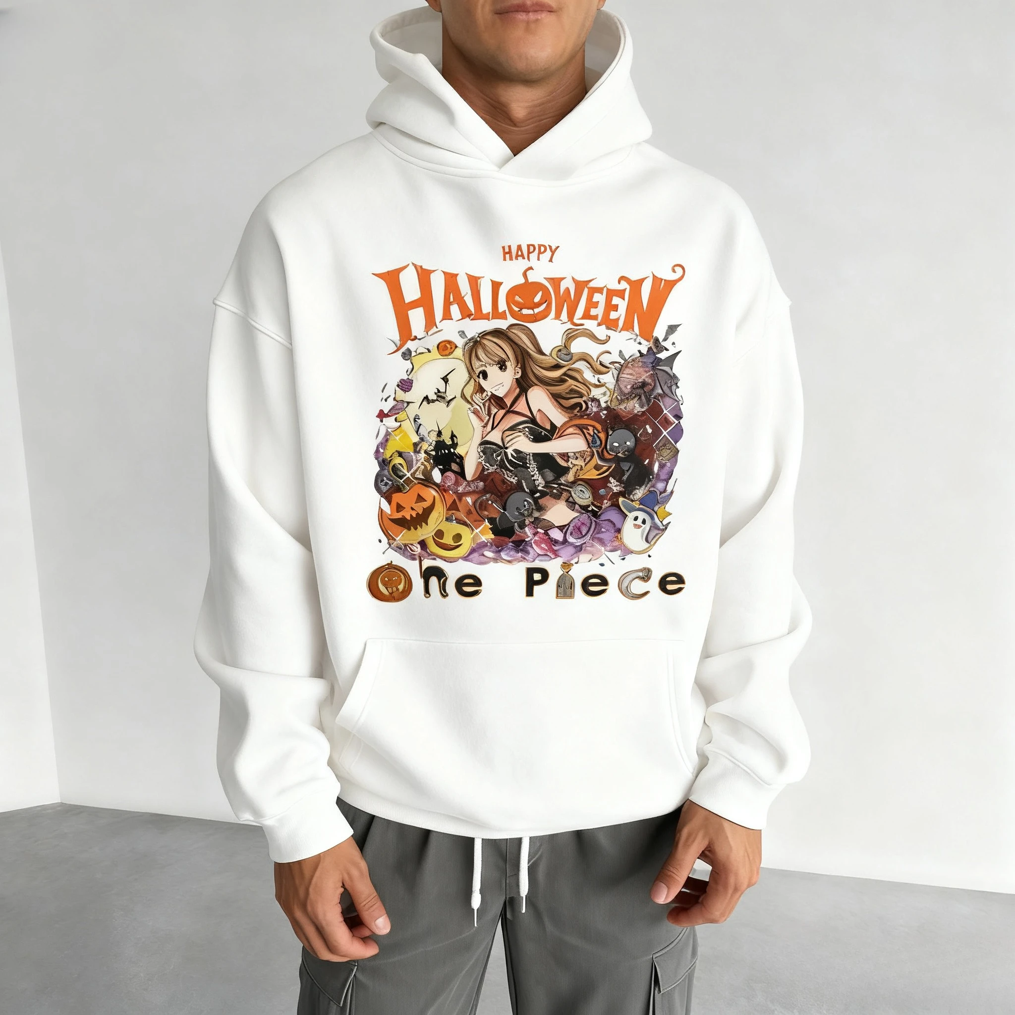 เสื้อฮู้ดอนิเมะวันพีซลายฮาโลวีนสำหรับผู้ชายและผู้หญิง เสื้อสเวตเชิ้ตพิมพ์ลายหลวมๆ ผ้าฝ้าย สไตล์สตรีทแวร์ลำลอง ใส่ได้ทั้งฤดูใบไม้ผลิและฤดูใบไม้ร่วง สไตล์ Y2k