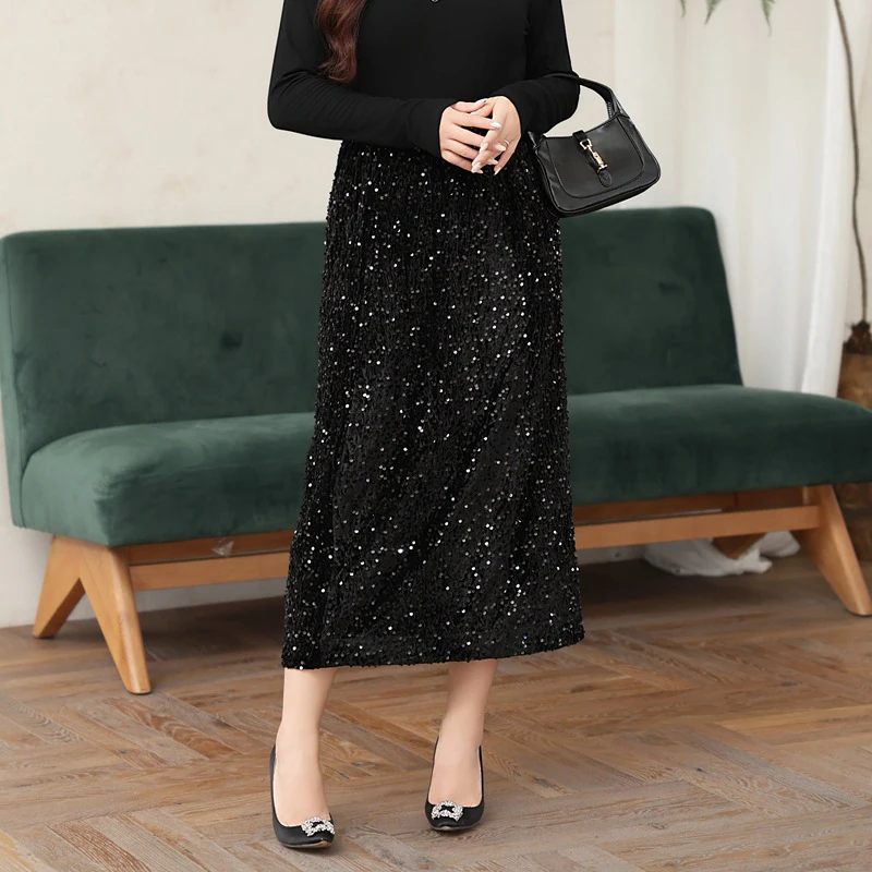 

French H Mid-length Straight High Waist Sequined Skirt Women XL Autumn 2024 Good Quality Velour Split Stretch Long Skirts