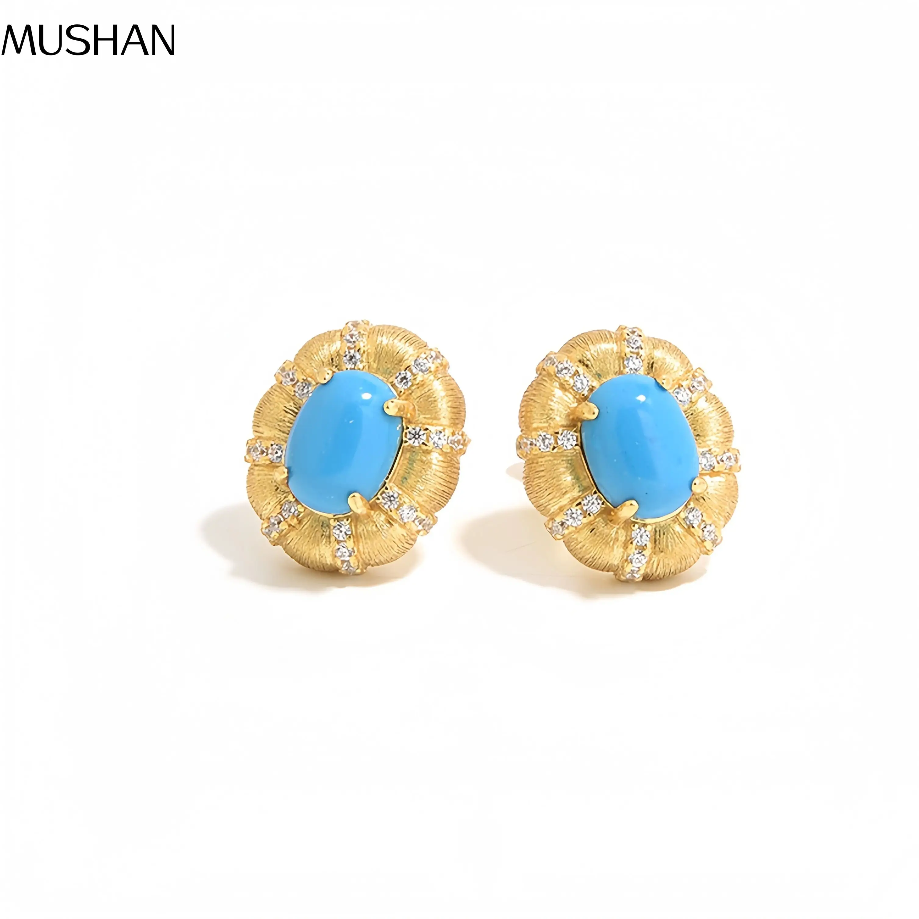 

MuShan Luxury Brand 18K Gold Plated Blue Turquoise Earrings For Women Brushed Gold 925 Sterling Silver Stud Earrings Jewelry