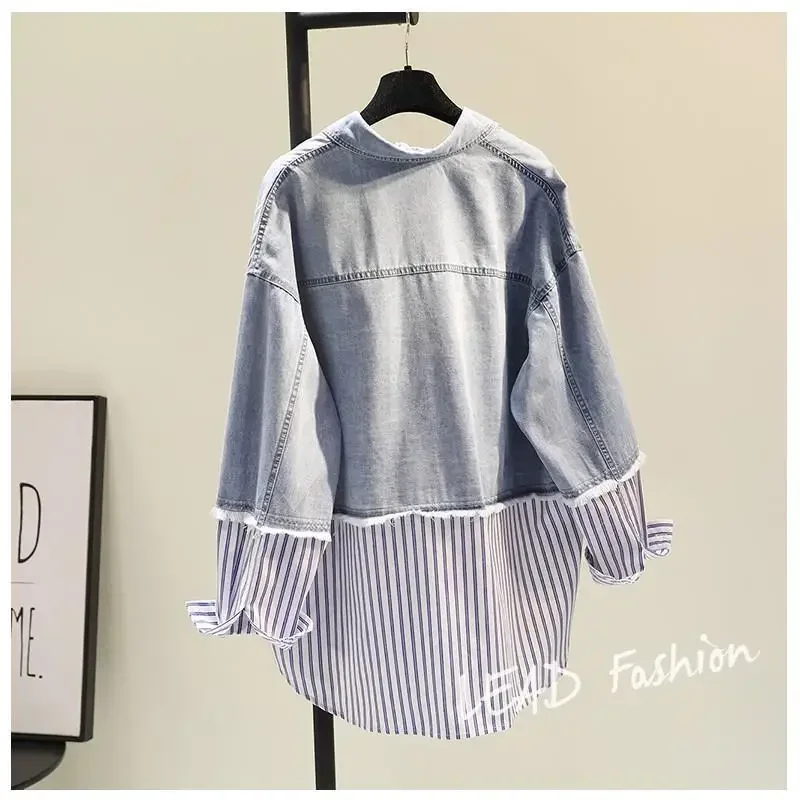 DAYIFUN Shirts Blue Striped Denim Patchwork High Street Long Sleeve Lapel Women Blouse Korean Fashion Female Clothing Tops