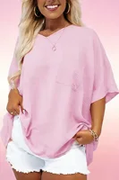 Plus Size Pink Textured V Neck Tunic Top, Batwing Short Sleeve Pocket Loose Blouse for Curvy Women, Lightweight Summer Casual Co