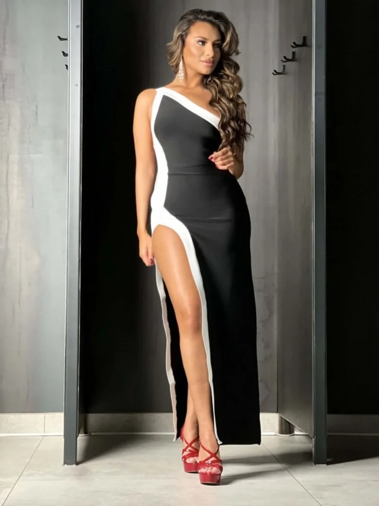 Eleganti abiti da sera ritagliati color block in bianco e nero – Abito lungo da cocktail party monospalla con spacco alto per donna
