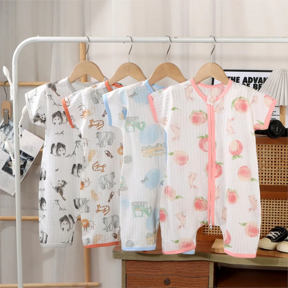 

Baby Cartoon Print Short Sleeve Romper, Newborn Infant Cotton Jumpsuit Multi-Color Baby Onesie for Summer