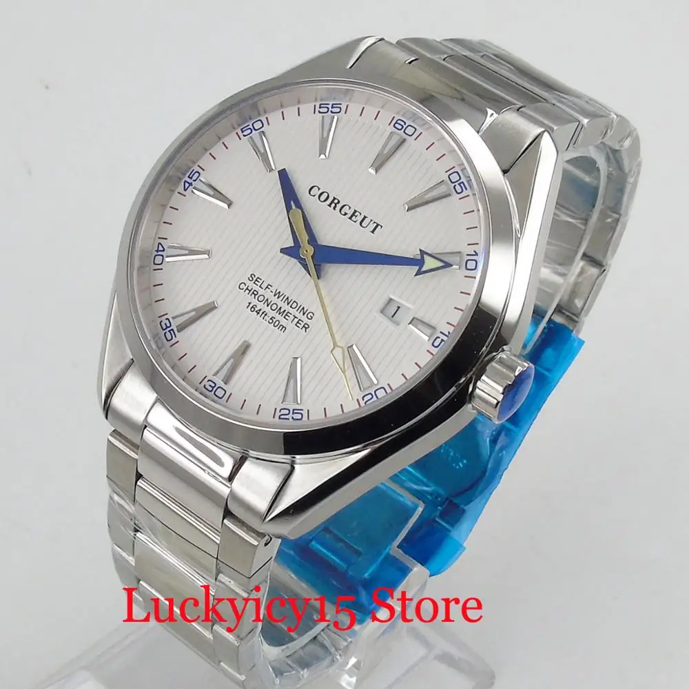 CORGEUT 41MM Wristwatch Round Case NH35A Automatic Men Watch Date Adjustment Blue Dial Sapphire Glass Mental Strap