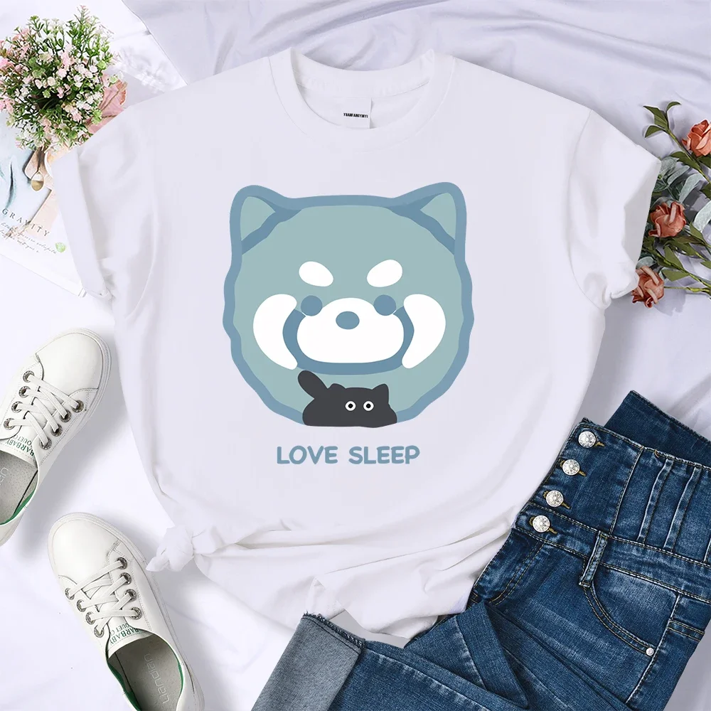 Women Fashion Casual Tee Shirt Soft Street Hip Hop Tops Comfortable Short Sleeve Love Sleep Cartoon Bear Prints T-Shirts